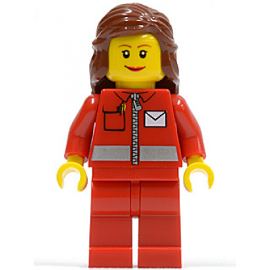 post office white envelope and stripe red legs reddish brown female hair mid-length