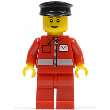 post office white envelope and stripe red legs black hat reddish brown eyebrows