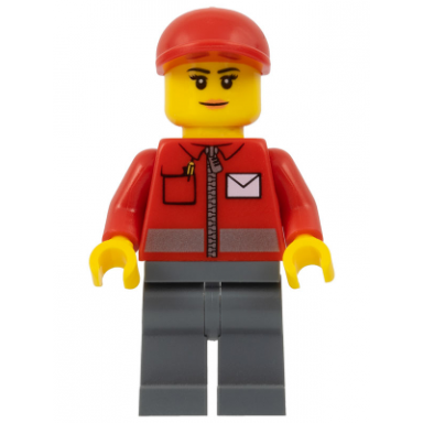 post office white envelope and stripe dark bluish gray legs red short bill cap