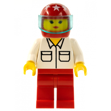 shirt with 2 pockets red legs red helmet 7 white stars trans-light blue visor