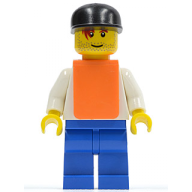 f1 race camera operator - male white torso blue legs black cap orange vest