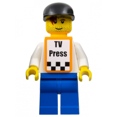 f1 race camera operator - male white torso blue legs black cap orange vest with stickers