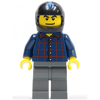 plaid button shirt dark bluish gray legs black helmet with medium blue trident hot rod driver