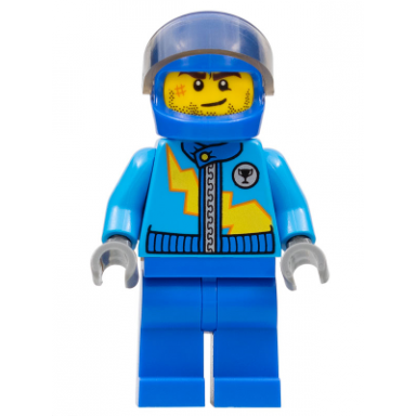 dark azure racing jacket with zipper and yellow lightning bolt pattern blue helmet trans-brown visor