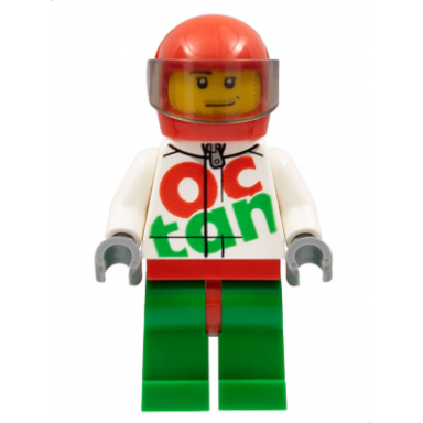 race car driver white octan racing suit with silver zipper red helmet with trans-brown visor crooked smile stubble beard