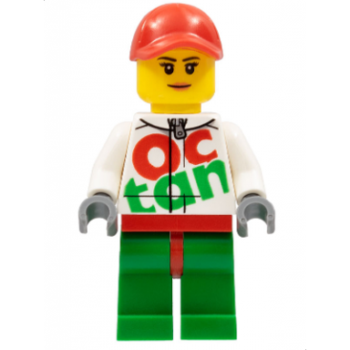 race car female mechanic white octan racing suit with silver zipper red cap with hole peach lips