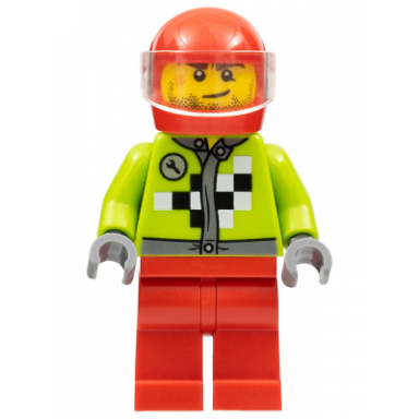 lime jacket with wrench and black and white checkered pattern red legs red helmet trans-clear visor