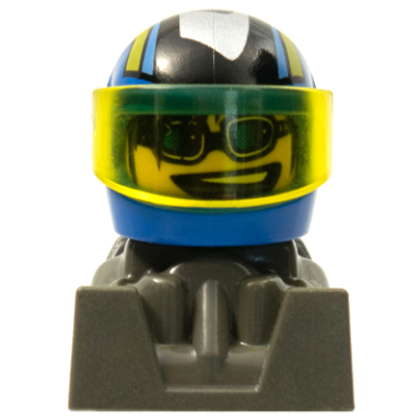 racer blue sunglasses blue helmet with pattern dark gray body