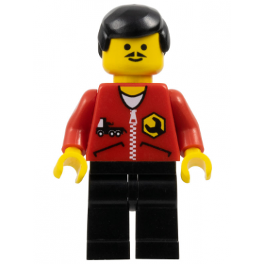 repair - red shirt with zipper and wrench pattern black legs black male hair
