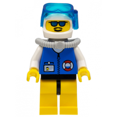 coast guard city center - white collar arms yellow legs with black hips white helmet light gray scuba tank sunglasses