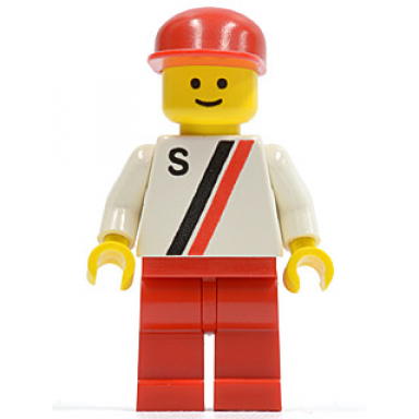 s - white with red black stripe red legs red cap