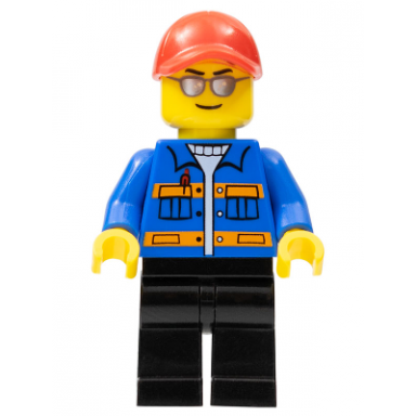 race marshal - blue jacket with pockets and orange stripes black legs red cap with hole silver sunglasses