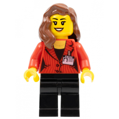 camerawoman - red suit jacket with press pass black legs reddish brown female hair over shoulder open mouth smile with peach lips