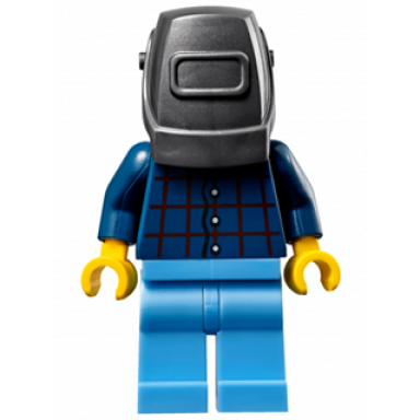 mechanic - male plaid button shirt medium blue legs pearl dark gray welding helmet frown and sweat drops