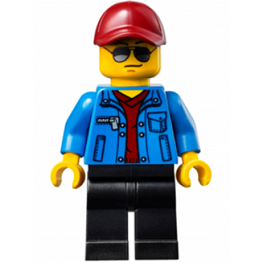 race official - male blue jacket over dark red v-neck sweater black legs dark red cap with hole sunglasses