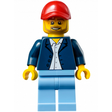 race official - male dark blue blazer over white button down shirt medium blue legs red cap with hole beard
