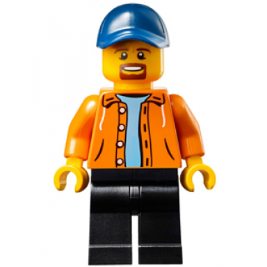 race official - male orange jacket hoodie over medium blue sweater black legs dark blue cap with hole goatee