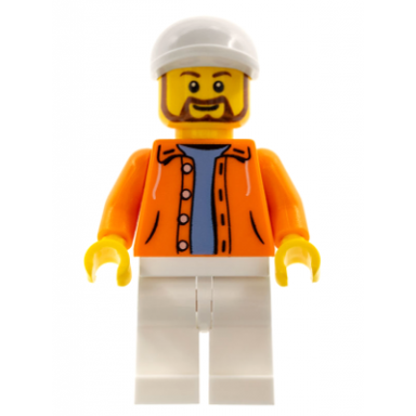 hot dog vendor - orange jacket hoodie over medium blue sweater white legs white short bill cap beard