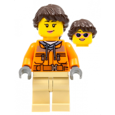 camerawoman - orange safety jacket reflective stripe sand blue hoodie tan legs dark brown hair dark pink lips
