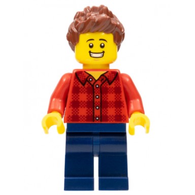 race fan - male red plaid flannel shirt dark blue legs reddish brown spiked hair open mouth smile with teeth