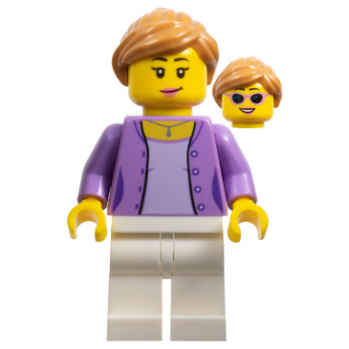 race visitor - female medium lavender jacket over lavender shirt white legs medium nougat ponytail and swept sideways fringe dark pink lips