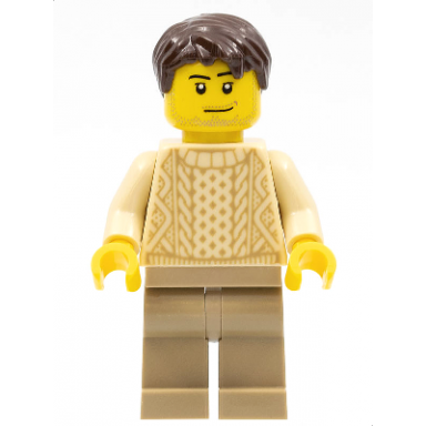 race visitor - male tan knit sweater dark tan legs dark brown short tousled hair stubble