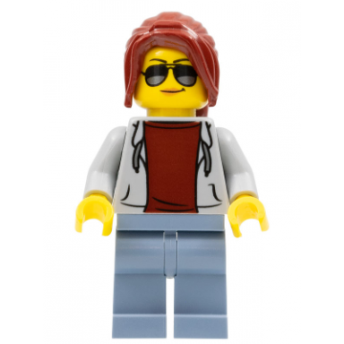 race marshal - female light bluish gray hoodie over dark red shirt sand blue legs dark red ponytail long with side bangs sunglasses and peach lips