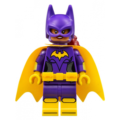 batgirl - minifigure dark purple suit yellow cape open mouth smile concerned