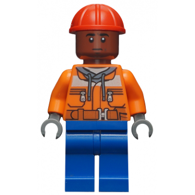 dock worker - male orange safety jacket reflective stripe sand blue hoodie blue legs red construction helmet reddish brown head