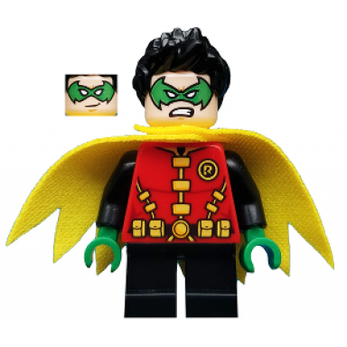 robin - green mask and hands black short legs yellow scalloped cape