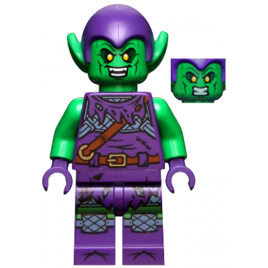 green goblin - bright green skin dark purple outfit small yellow eyes printed legs
