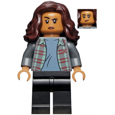 mj michelle jones - dark bluish gray plaid jacket dark brown wavy hair