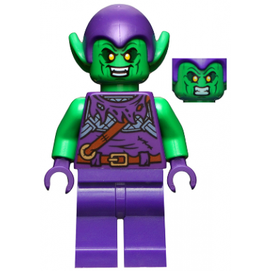 green goblin - bright green skin dark purple outfit small yellow eyes plain legs