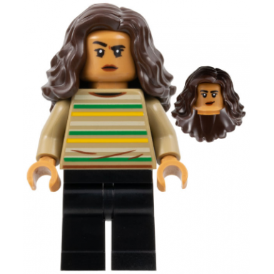 mj michelle jones - dark tan striped sweater dark brown wavy hair