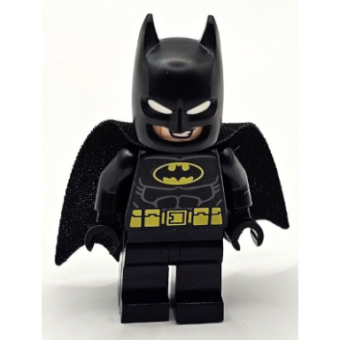 batman - black suit yellow belt cowl with white eyes lopsided grin open mouth smile with teeth