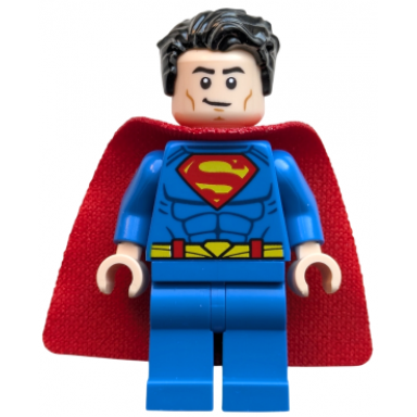 superman - blue suit spongy cape tousled hair closed mouth red eyes