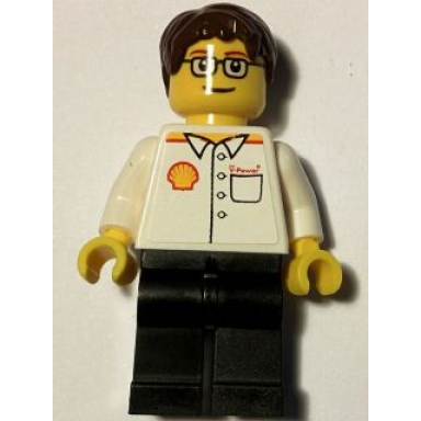 shell - white torso sticker black legs dark brown short tousled hair glasses
