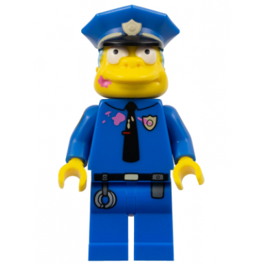 chief wiggum with dark pink frosting splotches on face and shirt