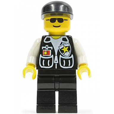police - sheriff star and 2 pockets black legs white arms black cap black sunglasses