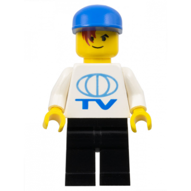 tv logo large pattern black legs blue cap