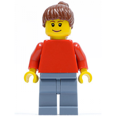 plain red torso with red arms sand blue legs reddish brown ponytail hair soccer fan