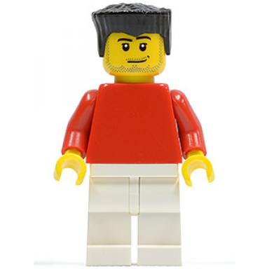 plain red torso with red arms white legs black flat top hair smirk and stubble beard soccer player