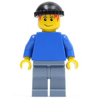 plain blue torso with blue arms sand blue legs black knit cap soccer player