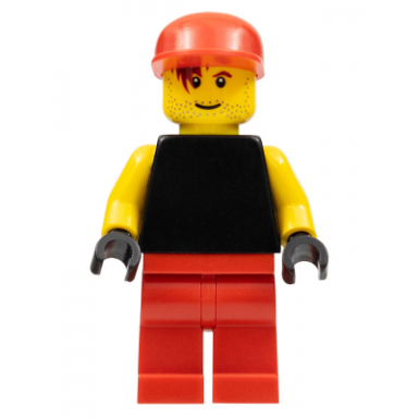 plain black torso with yellow arms black hands red legs red cap soccer goalie