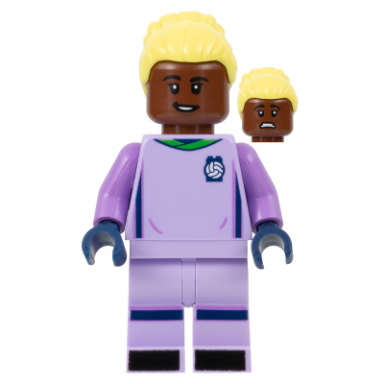 soccer goalie female lavender uniform reddish brown skin bright light yellow hair