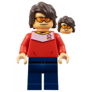 soccer spectator - red soccer jersey dark blue legs dark brown hair orange glasses
