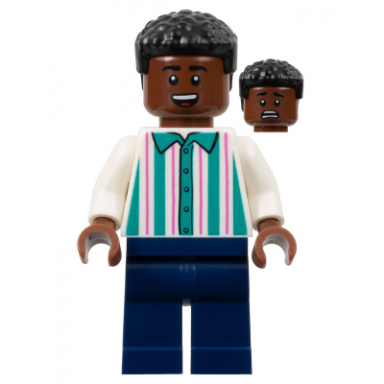 soccer spectator - white shirt with dark turquoise and dark pink stripes dark blue legs black hair