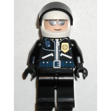 police - highway patrolman black shirt w badge and radio black legs white helmet