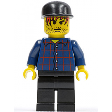 plaid button shirt black legs black cap red hair black stubble taxi driver