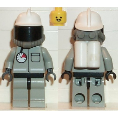fire - air gauge and pocket light gray legs and black hips white fire helmet breathing hose white air tanks